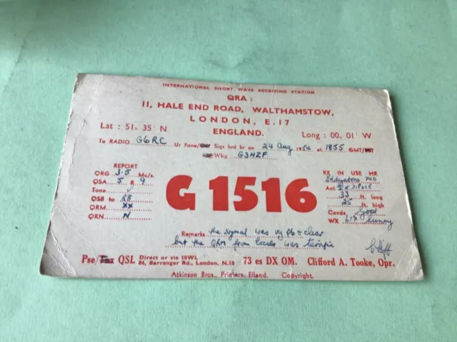 Vintage QSL Radio communication card London 1954  Ref 52691