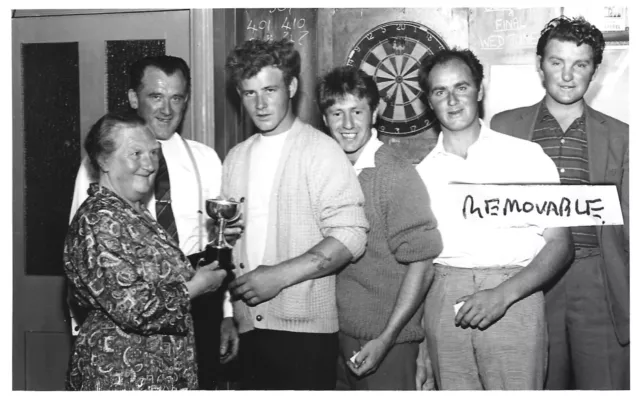 Vintage Old Photograph Five Men Pub Darts Team With Trophy Dartboard 1960's