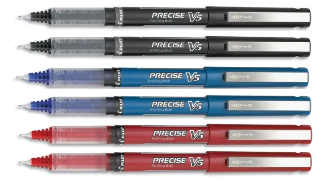 6 Pilot Precise V5 Rolling Ball Pens, 2 Black, 2 Blue, 2 Red, Extra-Fine .5mm