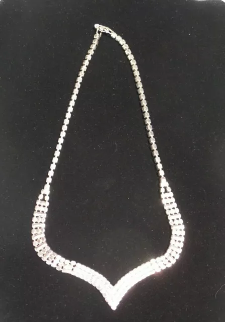 Vintage Silver Tone Rhinestone V Choker Necklace Multi Strand Unbranded 8160