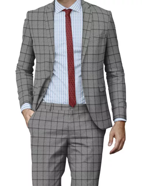 MENS GRAY SUIT Custom Made Bespoke Tailored Windowpane Check Wool Suits ...