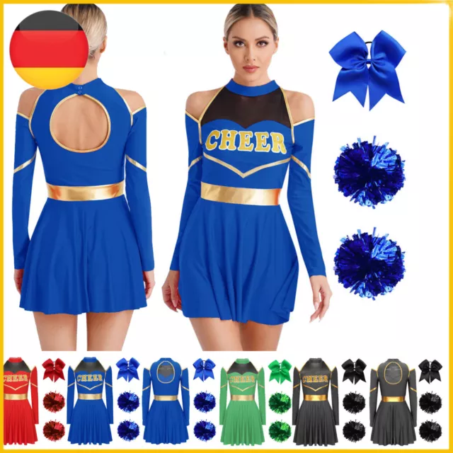 DE Cheer Leader Kostüm Damen Cheerleading Uniform Schulmädchen Kleid mit Pompoms