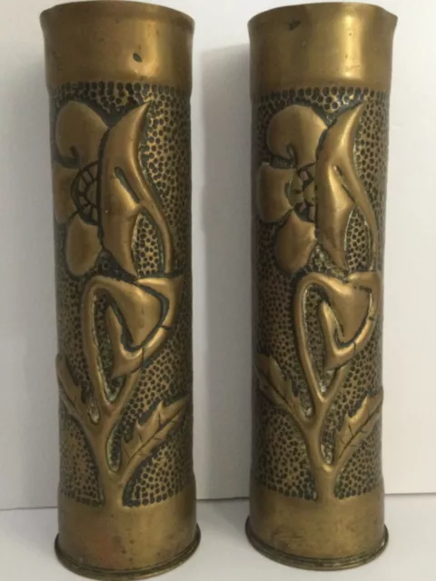 Matching Pair Of WW1 Trench Art Brass Tall Vases Owned From New Very Heavy