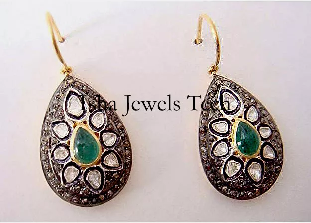 Natural Rose Cut Diamond & Diamond Polki Emerald 925 Sterling Silver Earrings