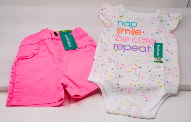 Garanimals 2 Piece Baby Girl Nap Smile Cute Repeat Bodysuit Shorts 6-9 18 24 NWT