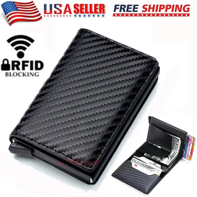 RFID Blocking LEATHER CARBON FIBER Mens Wallet  Purse Slim ID Credit Card Holder