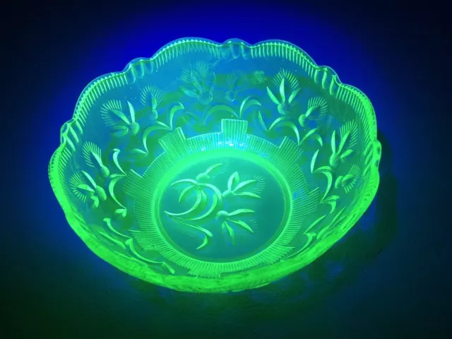 Vintage Uranium Glass Serving Bowl Thistle Pattern with Scalloped Edge Art Deco