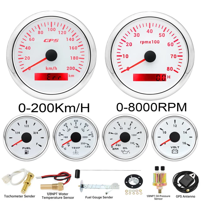 6 GAUGE SET with Senders GPS Speedometer 0200Km/H Tacho Fuel Volt Temp