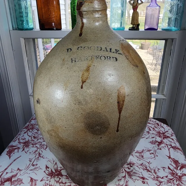 Antique Primitive Salt Glazed Stoneware "D. GOODALE * HARTFORD CT." OVOID Jug