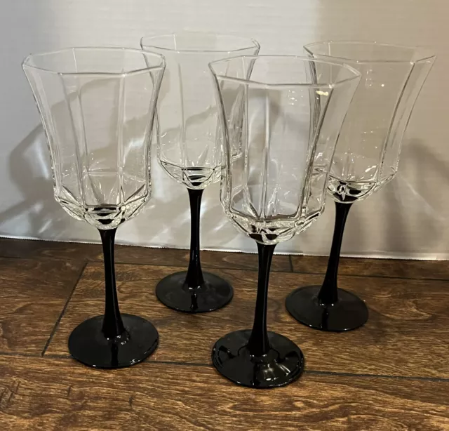 (4) Arcoroc Luminarc France Black Stem Octime Wine Goblets 8 1/4” Tall Vintage