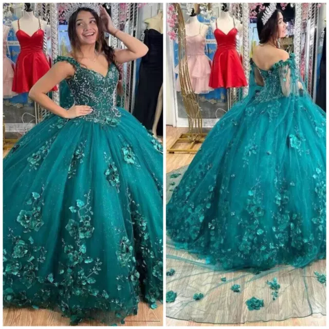 3D Flowers Quinceanera Dresses With Cloak Lace Sweet 15 16 Prom Party Ball Gowns