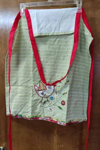 Kitchen Apron/Gardeners/Cooking Floral Birds Country Charm Embroidered Lime/Red