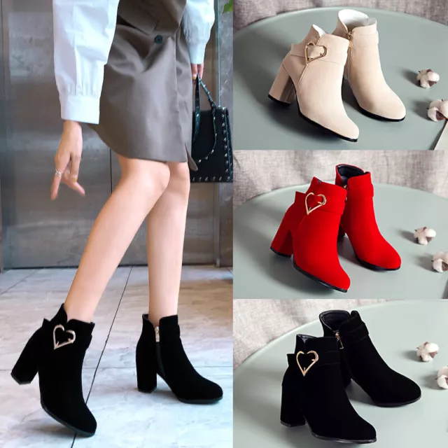 Ladies Womens Ankle Boots Block Heel Fashion Warm Snow Shoes Metal Decor Booties