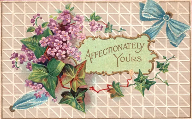 Vintage Postcard 1909 Affectionately Yours Greetings Card Purple Flowers Ribbon