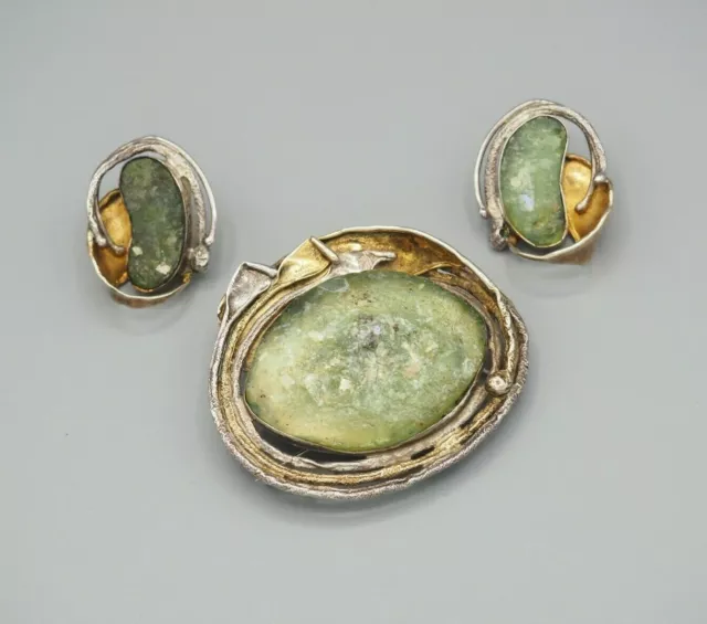 Brutalist Avi Soffer sterling silver Roman Glass gold plated earrings brooch set