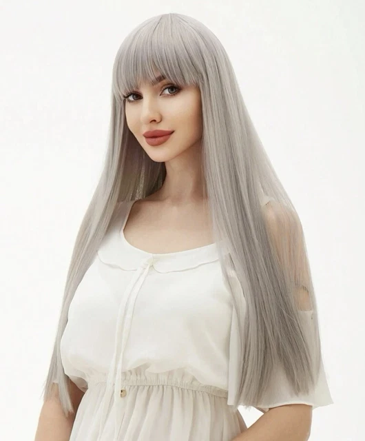 Perruque Synthétique Gris Clair à Frange - Cheveux Courts Lisses - Bonnet Moyen Inclus +4 Offerts
