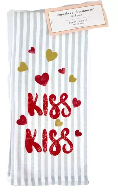 Kitchen Towel Set White Gray Stripe Red and Gold Hearts Kisses Cotton 28 x 18