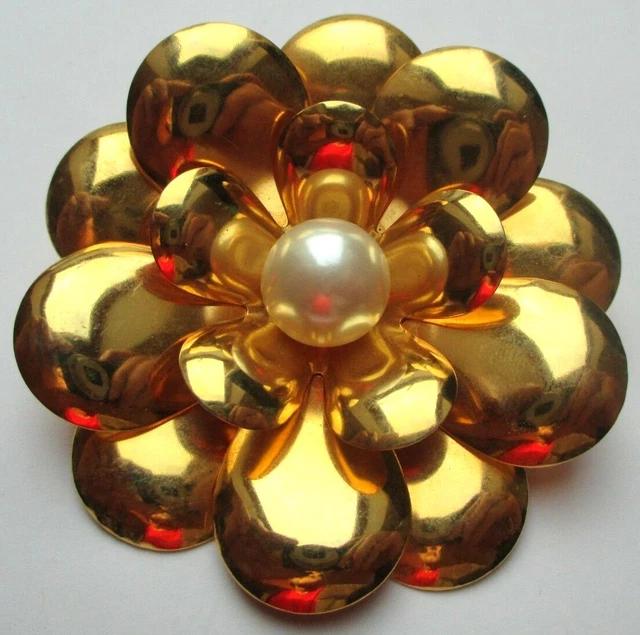 Broche Vintage Fleur Or Avec Perles Nacrées - État Impeccable - Occasion Rare