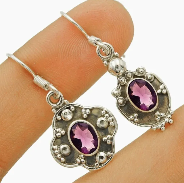 Natürliche Amethyst 925 Massiv Sterlingsilber Ohrringe 1 1/2"" lang K6-5