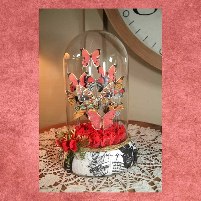 Glass Butterfly Dome, Red & Brown Butterflies, Not Real 9" (#6) Basm.