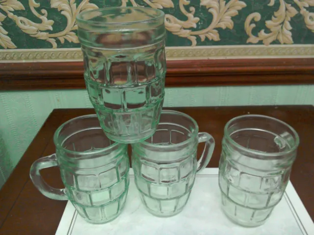 Rare Set  4 x Green tinted recycled Glass Tankards -250 mls -squares pattern-vgc
