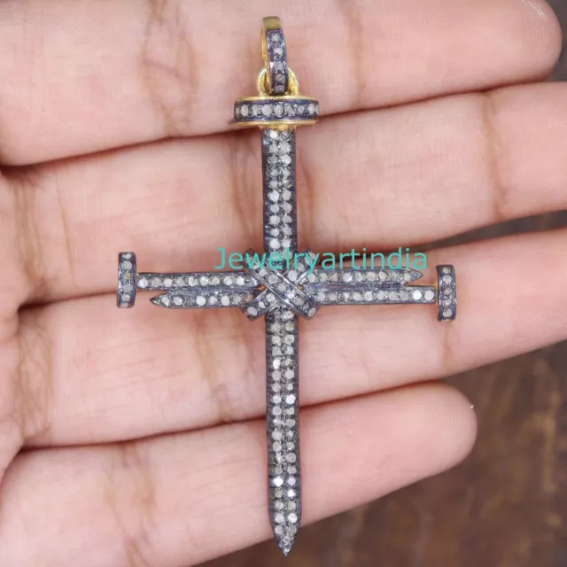 Natural Pave Diamond 925 Sterling Silver Arrow Cross Designer Pendant Necklace