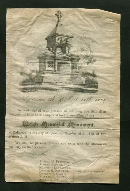 1879 Welch Memorial Monument Dedication Mason Maj Abel G Cook Syracuse Ny