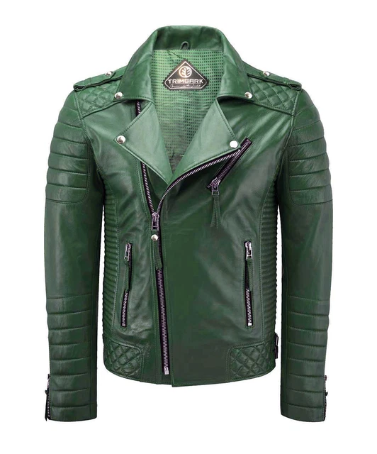 Men's Genuine Lambskin Quilted Motorcycle Café Racer Biker Leather Jacket Green