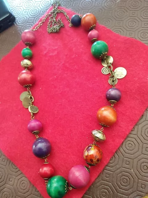 Colourful Wooden Bead Necklace Bronze Chain