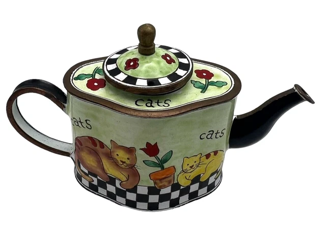 Vintage Kelvin Chen Enamel on Copper Miniature Teapot Cats 1999 Lidded #1363