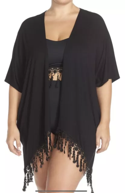 Becca ETC Fringe Open Front Swimsuit Cover-up Kimono 0X 1X 14-18 (A20)