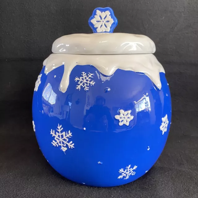 Blue and White Ceramic Winter Holiday Snowflake Cookie Jar Approx 10”x7”