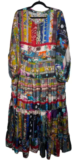 Johnny Was Sonnet Dixie Dress L Mixed Print Silk Drawstring Maxi Long $445