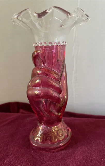 VICTORIAN 6” VINTAGE Antique Cranberry Glass Vase Hand Holding Horn Of