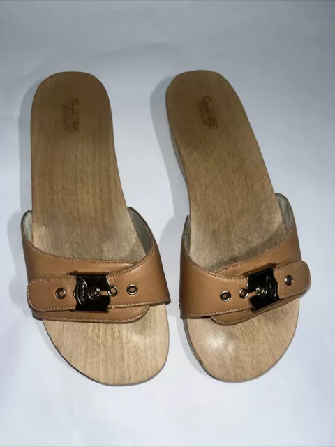 Dr Scholl’s Original Sandal Clogs Wooden Leather Tan Brown Size 6