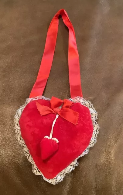 Vintage Red Crushed Velvet Heart Pin Cushion With Small Sharpening Heart 4 In