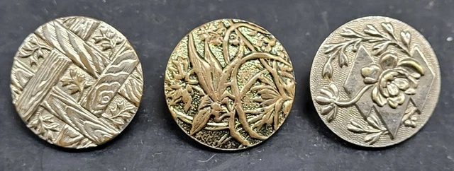 3 Ornate ANTIQUE VICTORIAN Fashion METAL BUTTON Art Nouveau Jewelry Deco Fancy
