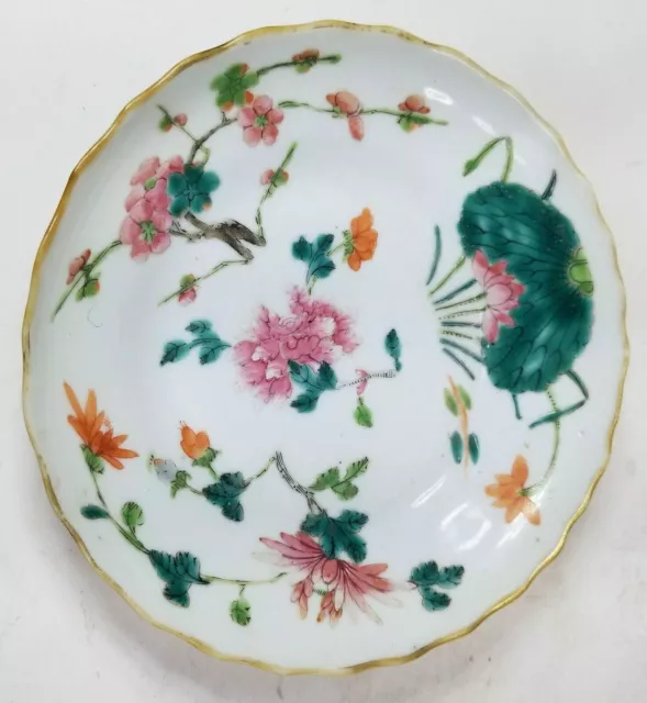 Antique Chinese Signed Small Saucer PLate Floral Decoration Bats