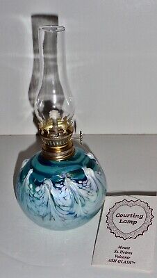 Vintage Mount St. Helen Iridescent Oil Lamp Hand Blown Art Glass Ash with Tag