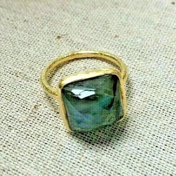 Large Labradorite Ring 18K gold plate over Sterling Silver Sz 8