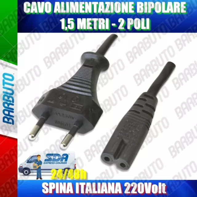 Cavo Di Alimentazione Bipolare 1,5 Metri 2 Poli Spina Italiana 220V