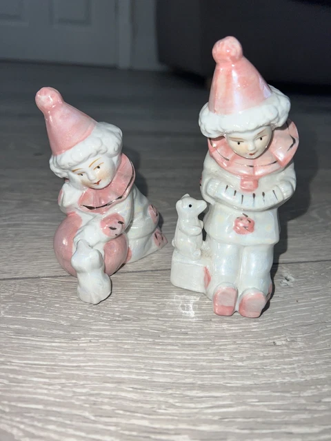 Paar schillernde perlrosa weiße Figur Ornament Pierrot Clown mit Hund