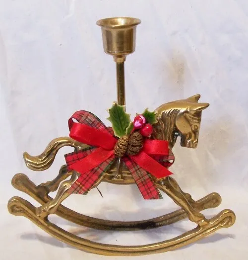 Holiday Theme Solid Brass Candle Holder, Rocking Horse with Holly, Cones NIB