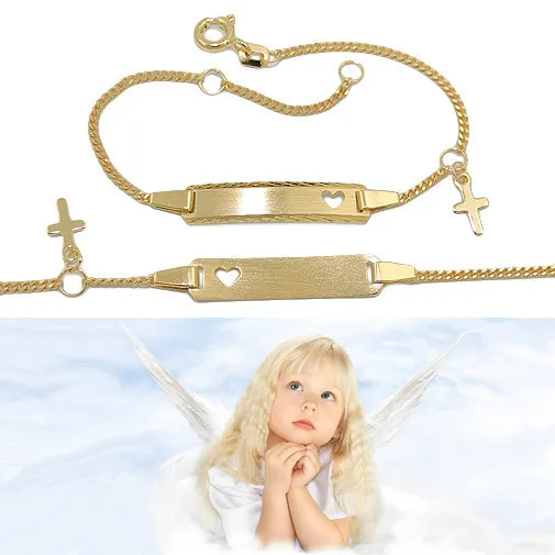 Baby Taufe Echt Gold 333 Herz Ident Armband mit Kreuz und Gravur von Name Datum