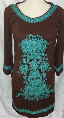 Urban Mango Womens Tunic Dress Brown Blue Paisley Embroidered Scoop 3/4 Sleeve S