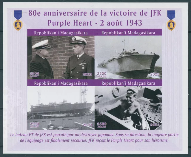 JFK Stamps Madagascar 2023 MNH John F Kennedy Purple Heart WWII WW2 4v IMPF M/S