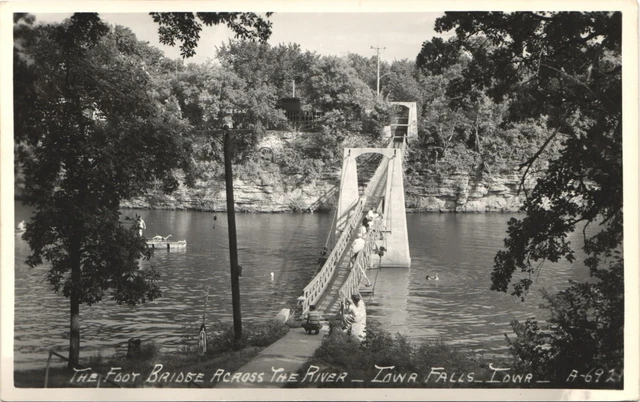 IOWA FALLS FOOT BRIDGE OVER RIVER vintage real photo postcard IA RPPC 1940s
