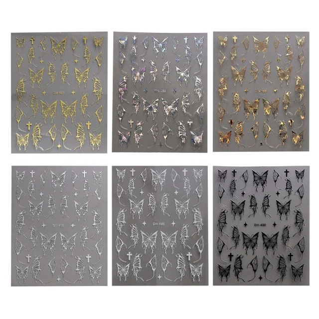 6 Sheets Butterfly 3D Nail Sticker Golden Embossing Nails Stickers Lasers