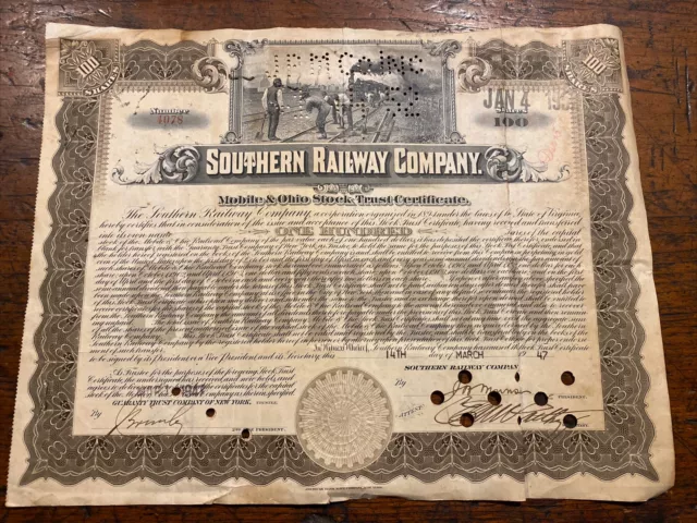 Old  - SOUTHERN RAILWAY Co. - STOCK CERTIFICATE - 100 Shares Brown Black