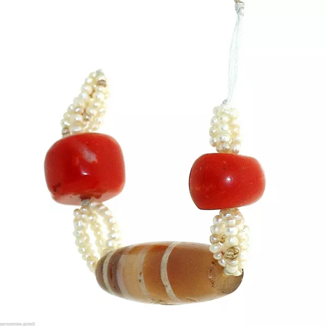 (0284) Buddhist Chung gZi Stone  Bead, Coral and real Basra Pearls - Tibet